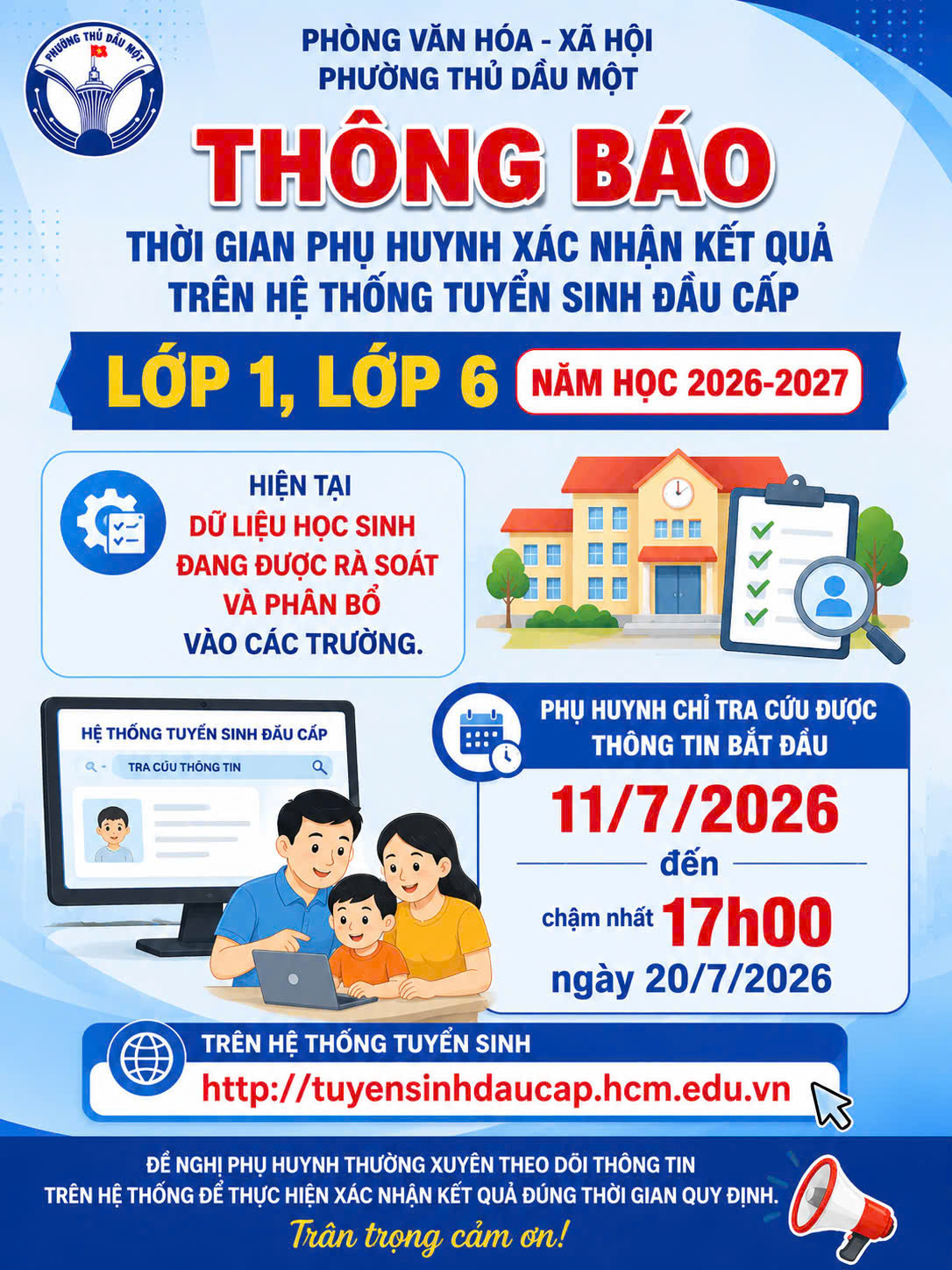 Thông báo thời gian phụ huynh xác nhận kết quả trên hệ thống tuyển sinh đầu cấp
